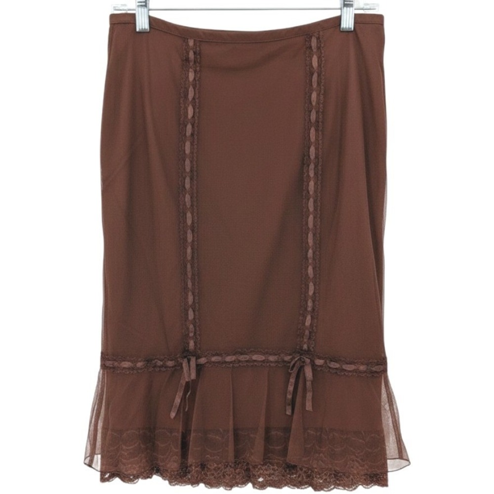 Intuitions Y2K Midi Skirt 2 Brown Mesh Overlay Lace Bow Coquette Forest Fairy